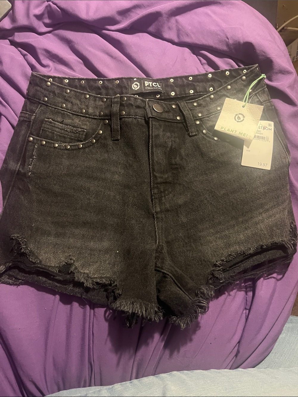 TCL Black Studded High-Rise Frayed Denim Shorts